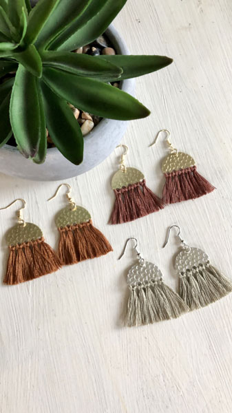 fringe earrings in brown and gray, jewelry made on Vancouver Island by Clover + Coast in Ladysmith