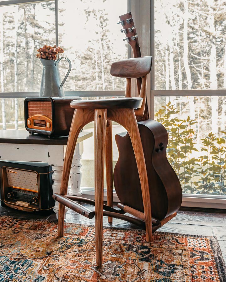 unique guitar holders and chair in one, made in Canada on Vancouver Island