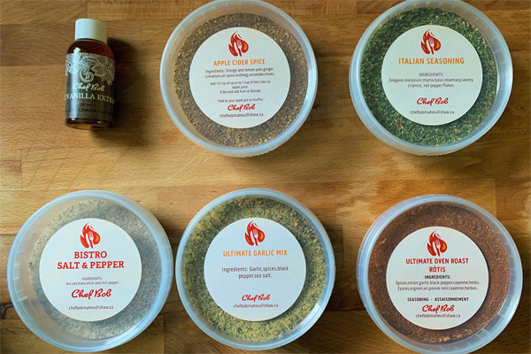 assortment of Chef Bob Spices, made on Vancouver Island