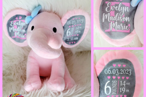 Personalized pink stuffed elephant stuffie, made on Vancouver Island