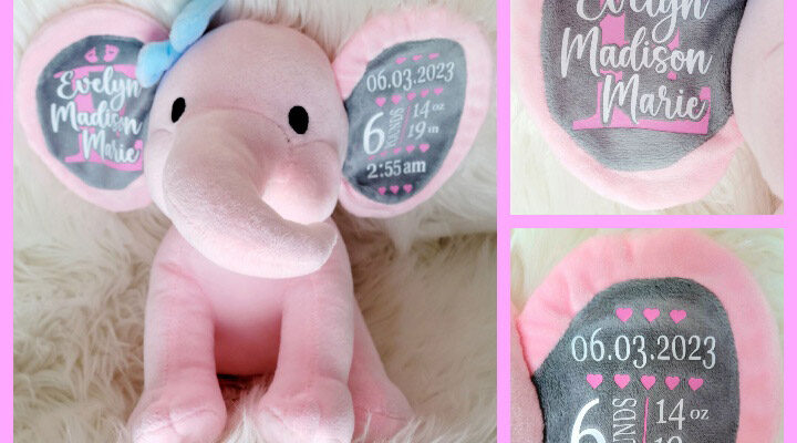 Personalized pink stuffed elephant stuffie, made on Vancouver Island