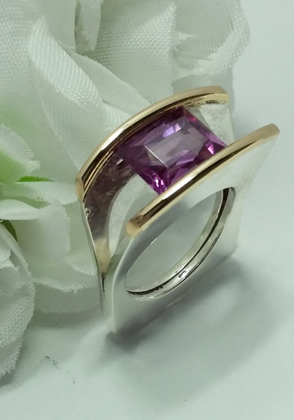 Sterling Silver and 14kt gold filled accent cubic zirconia alexandrite ring, made on Vancouver Island by jeweler European Goldsmith