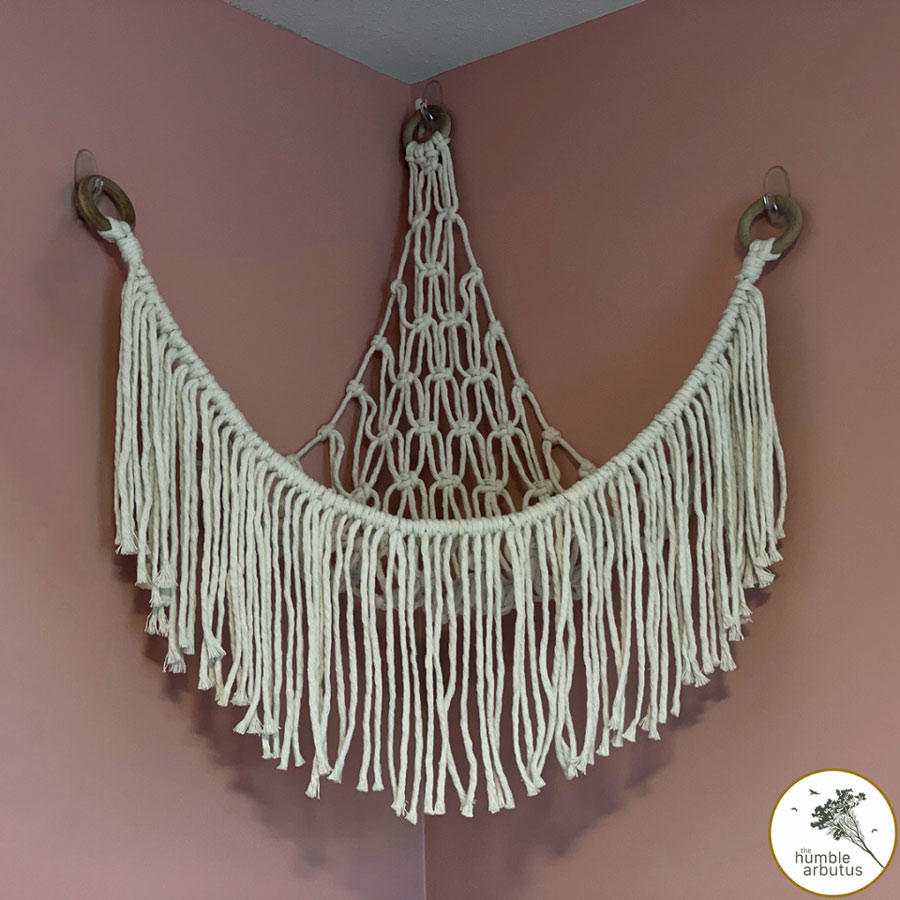 macrame toy hammock for stuffed animals, made locally on Vancouver Island by Humble Arbutus