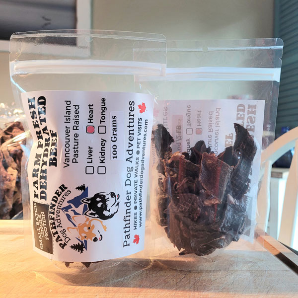 Grass Fed, Pasture Raised, No Growth Hormones and Antibiotic free dog treats made on Vancouver Island Canada