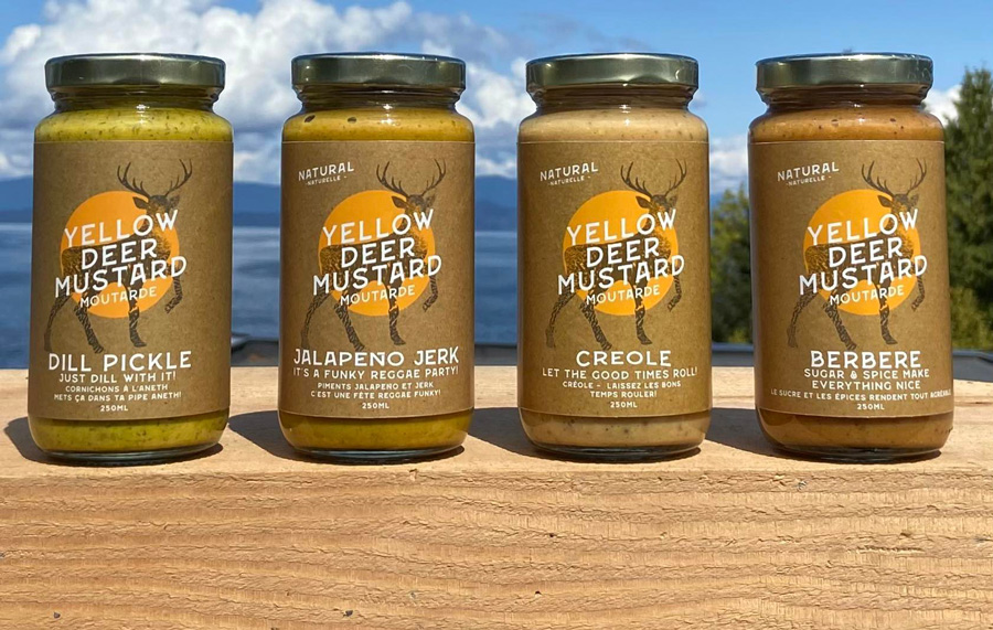 different specialty mustard flavours mustard made by Yellow Deer Mustard in Qualicum Beach, Vancouver Island