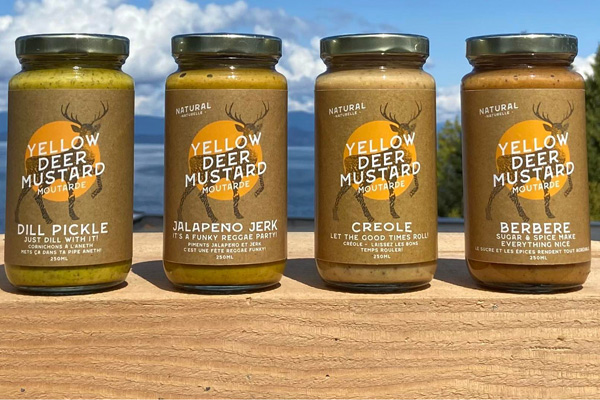 different specialty mustard flavours mustard made by Yellow Deer Mustard in Qualicum Beach, Vancouver Island